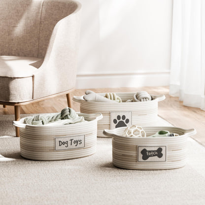 RGI Home Dog Toy Storage Baskets – Set of 3 Oval Fabric Rope Organizer Bins for Pet and Household Storage, Multi-Sized with Easy-Carry Handles