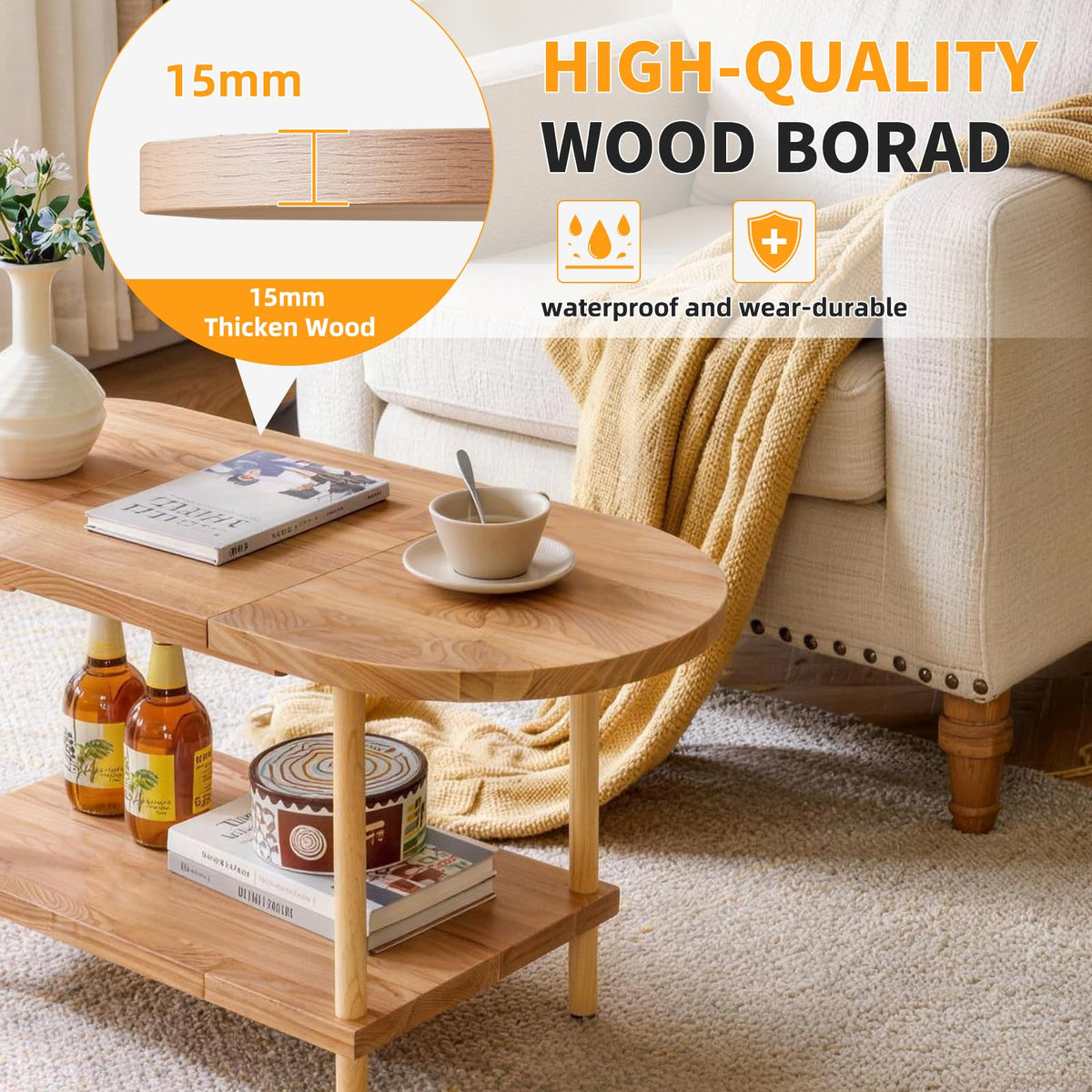 Aibiju Small Coffee Table, Oval Center Table with Storage Shelf, 35x16x17inch Industrial Side Tea Table for Living Room Home Furniture, Modern Style