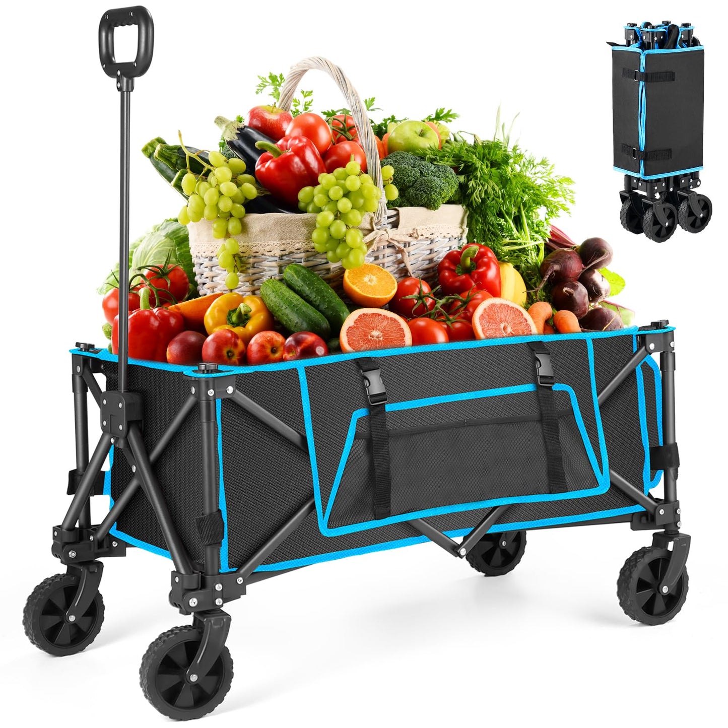 Folding Festival Trolley on Wheels - Foldable Camping Cart 150L Pull Along Garden Wagon Heavy Duty Trolley for Beach Shopping Fishing Picnic Outdoor