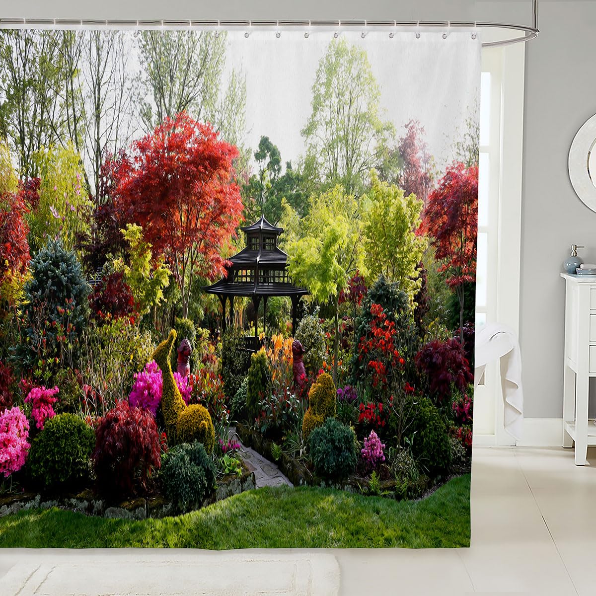 Loussiesd Natural Shower Curtain 180x180cm 3D Garden View Flowers Trees Waterproof Shower Curtain Outdoor Nature Scenery Waterproof Cloth Fabric