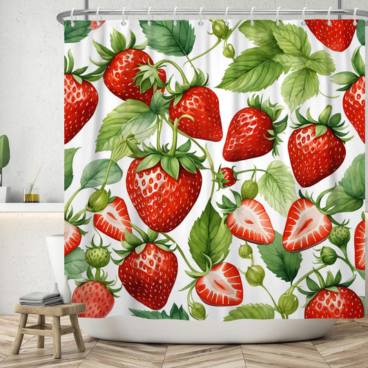ASDCXZ Strawberry Shower Curtain 180x200 cm, Spring Summer Simplicity Red Strawberry Green Leaves White Washable Shower Curtains Polyester Textile