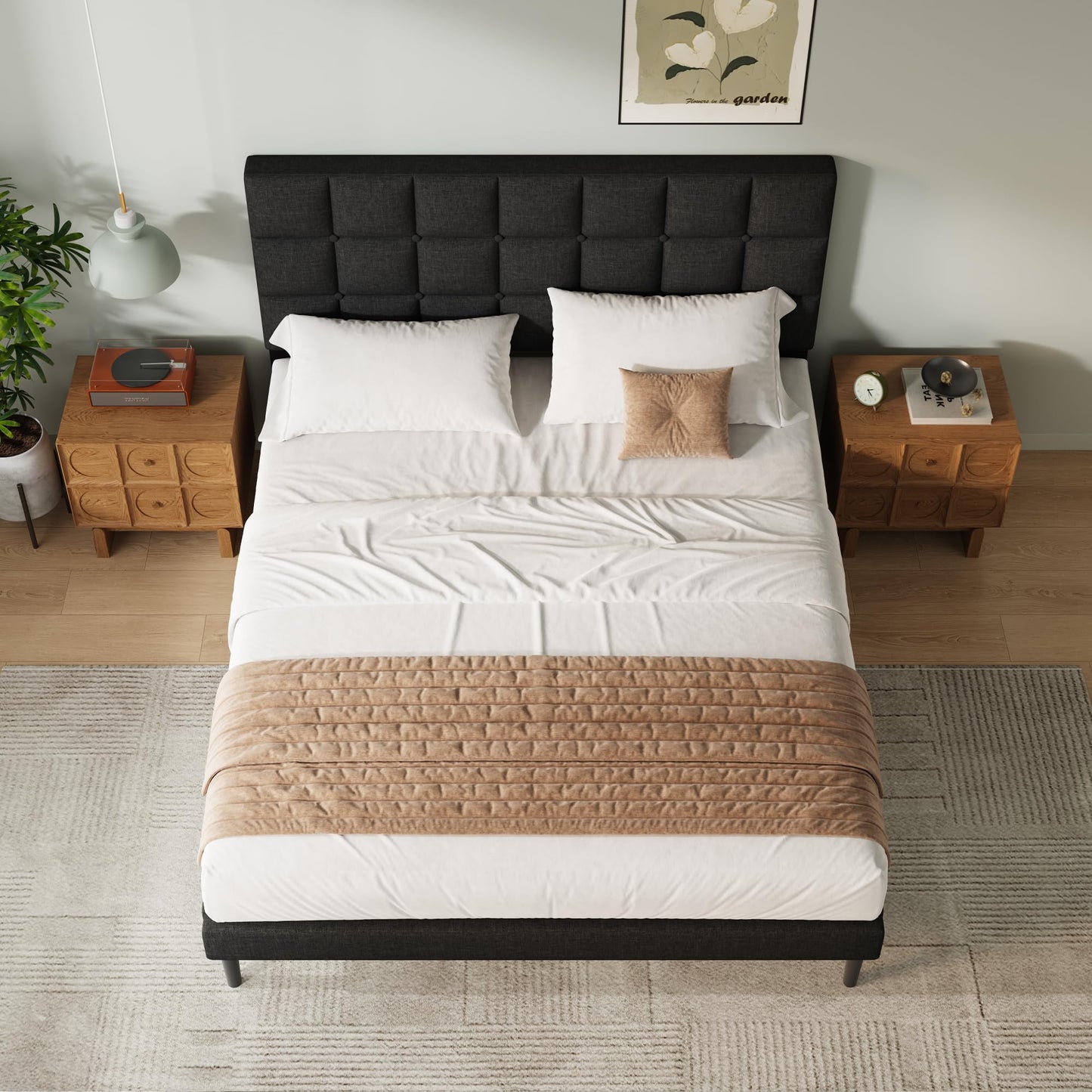 Yocreat Small Double Bed Frame, Easy Assembly, Sturdy Wooden Slat Support, Upholstered Platform with Headboard, No Box Spring Needed