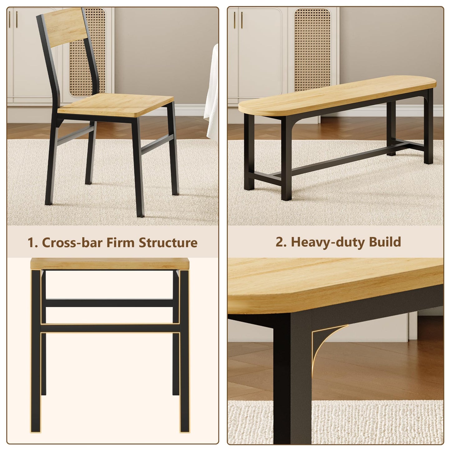 Feonase Dining Chairs Set of 4, Dining Room Chairs with 2 Ergonomic Chairs & 2 Benches, MDF Board and Metal Frame, Kitchen Chairs for Home, Apartment