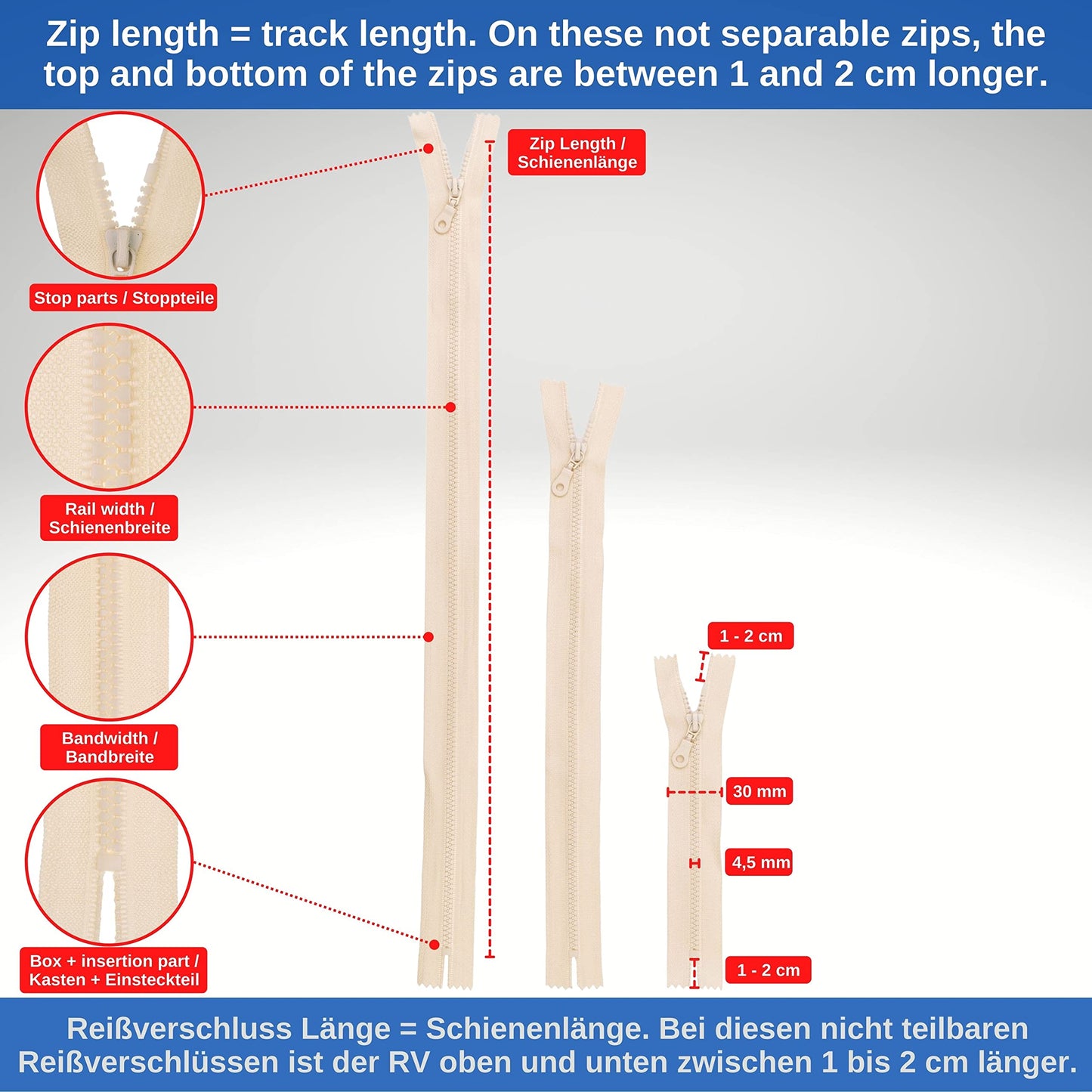 Non-Divisible Zip, 2 Pieces, 45 cm Rail Length, in Beige, #3 Zip Size, 4.5 mm Rail Width, 30 mm Tape Width, Replacement Plastic Zip
