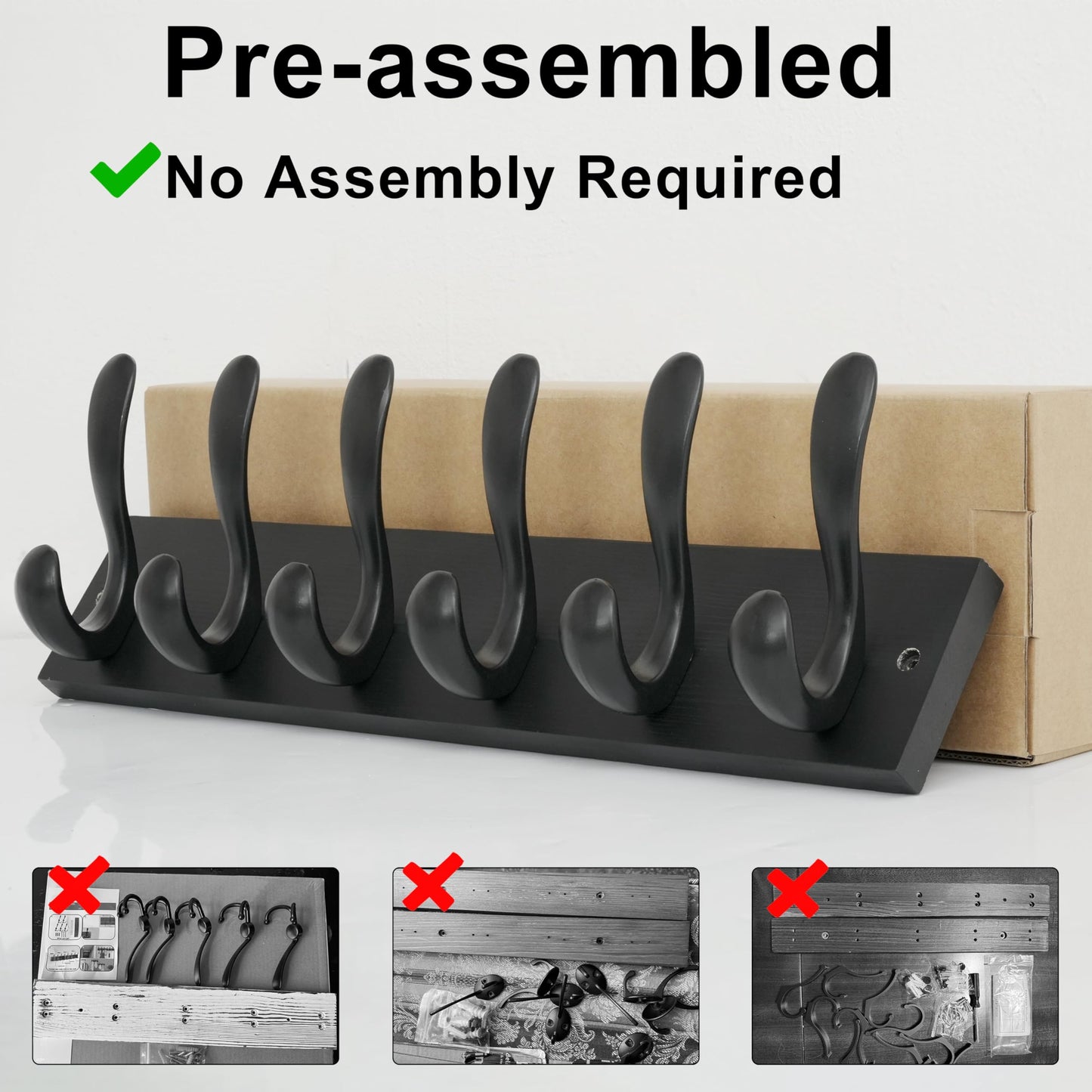 HONSKY Wall Coat Rack, 43cm Wooden Coat Hanger with 6 Double Hooks,Wall Coat Hook,Towel Rack Hanging Coat,Towel,Bag for Entryway, Hallway, Bedroom