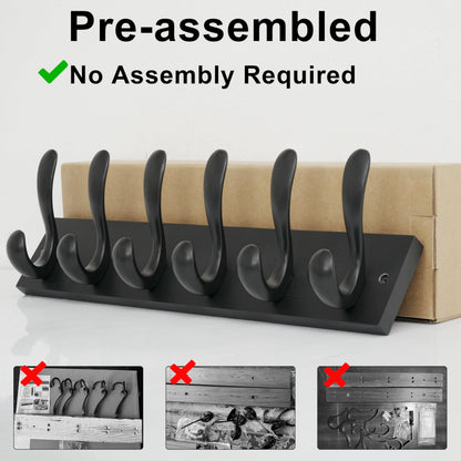 HONSKY Wall Coat Rack, 43cm Wooden Coat Hanger with 6 Double Hooks,Wall Coat Hook,Towel Rack Hanging Coat,Towel,Bag for Entryway, Hallway, Bedroom