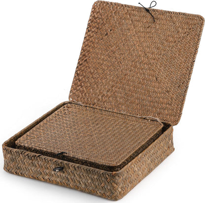 Elsjoy 2 Pack Seagrass Storage Box with Lid, Wicker Storage Baskets Flat Rattan Storage Bins, Woven Organizer Baskets for Shelf, Closet, Bedroom