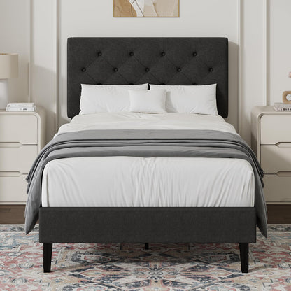HOMBCK Single Bed Frame, 90 x 190 cm, with Adjustable Upholstered Headboard, Heavy Duty 256kg Weight Capacity, Easy Assembly, No Box Spring Needed