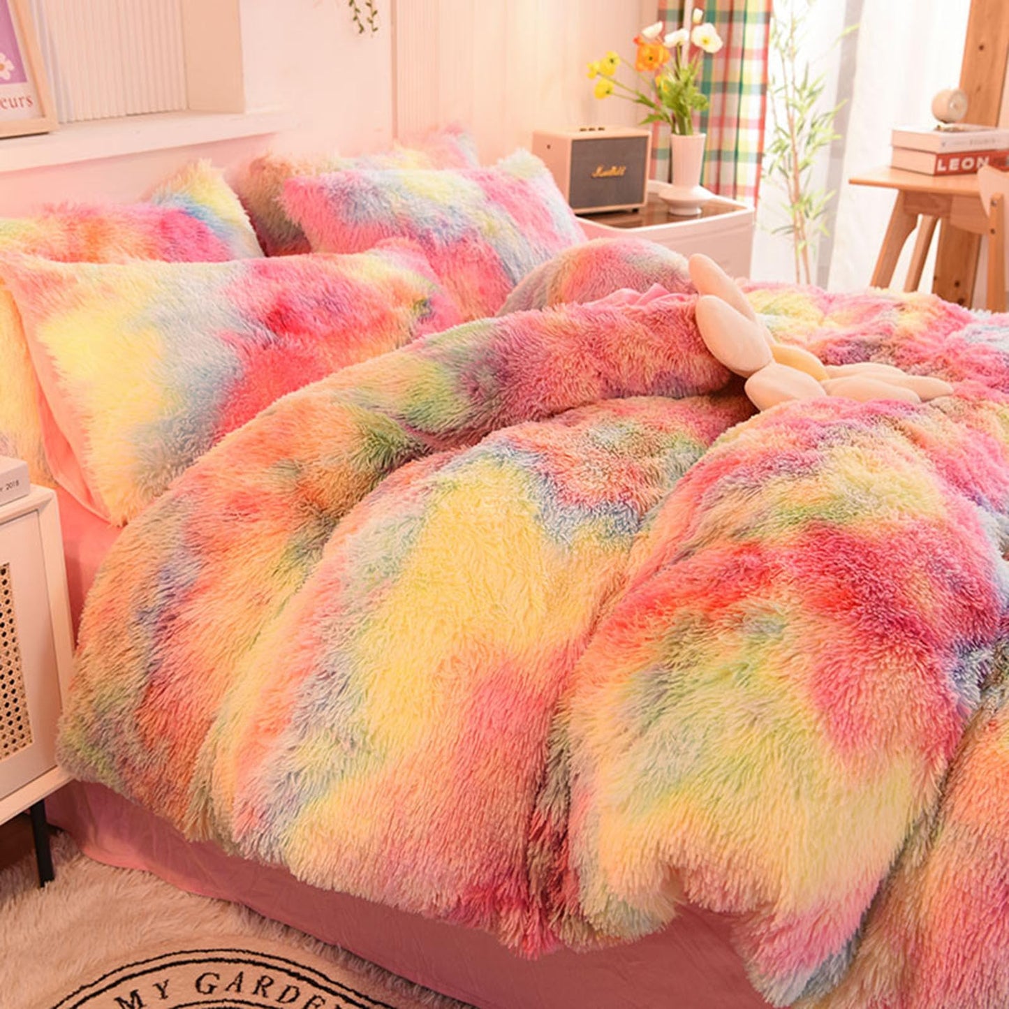 ZIQINPSQ Plush Shaggy Duvet Cover Set,Tie Dye Faux Fur Bedding Set for Teens Girls Soft Velvet Fluffy Fuzzy Comforter Cover Bed Set (Pink, Double)