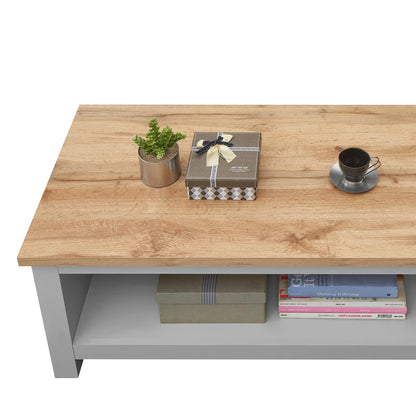 Timber Art Design UK Lisbon Coffee Table With Open Shelf Storage for Living Room, Home, Bedroom Furniture, Grey with Oak Effect - 120 x 49.6 x 60 cm