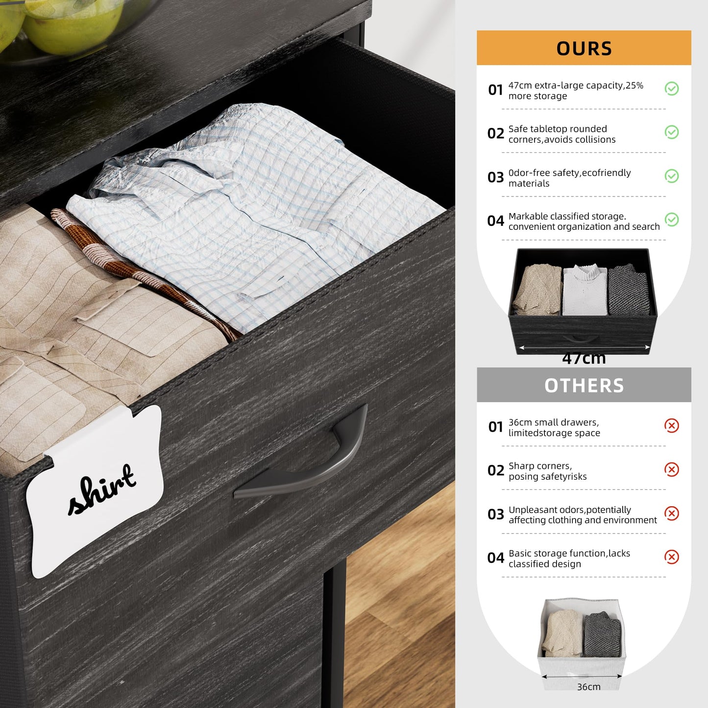 PURFINO Fabric Chest of Drawers - Canvas Storage Unit with 8 Large Drawers, Label Cards, Side Pocket & Hook for Living Room, Hallway, Bedroom