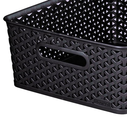 Curver My Style Rattan Effect Set of 3 Kitchen, Living room, Bathroom, Bedroom, Utility Medium Rectangular Storage Baskets 12 Litres - Anthracite