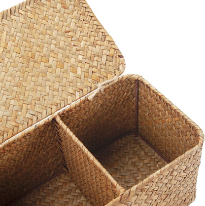 Toilet Tank Basket with Lid, Seagrass Storage Basket for Bathroom, Wicker Woven Bathroom Organizer with 3 Compartments, Small