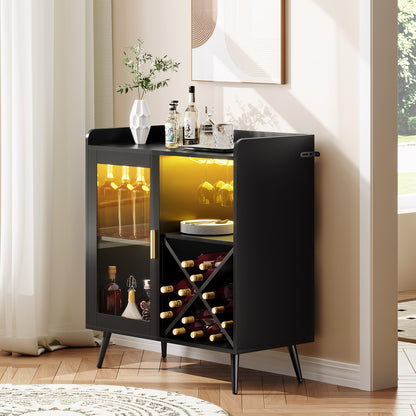 YITAHOME Small Bar Cabinet with LED Lights, Acrylic Door & Wine Rack, Coffee Bar with Cup Holders, Sideboard for Home Bar, Dining Room, Living Room