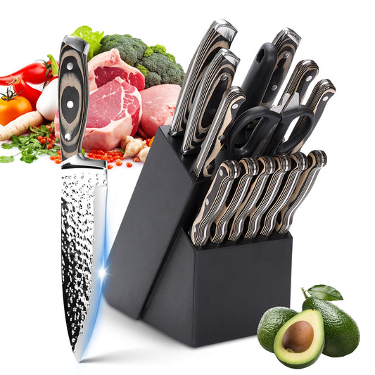 15-Piece Chef Knife Sets with Sharpener, Kitchen Knife Sets with Wood Block, High Carbon Stainless Steel Professional Chef?s Knives, Steak Knife and