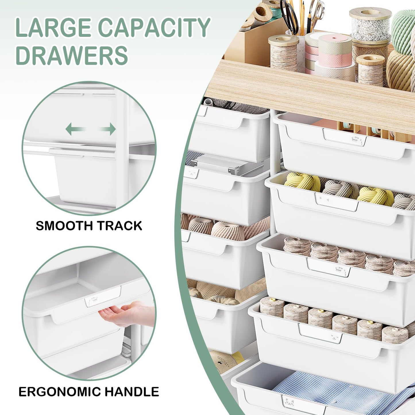10 Drawers Rolling Cart with Wooden Tabletop, Utility Storage Cart with Wheels, Art Supply Craft Organizer on Wheel with Metal Frame & Handles for