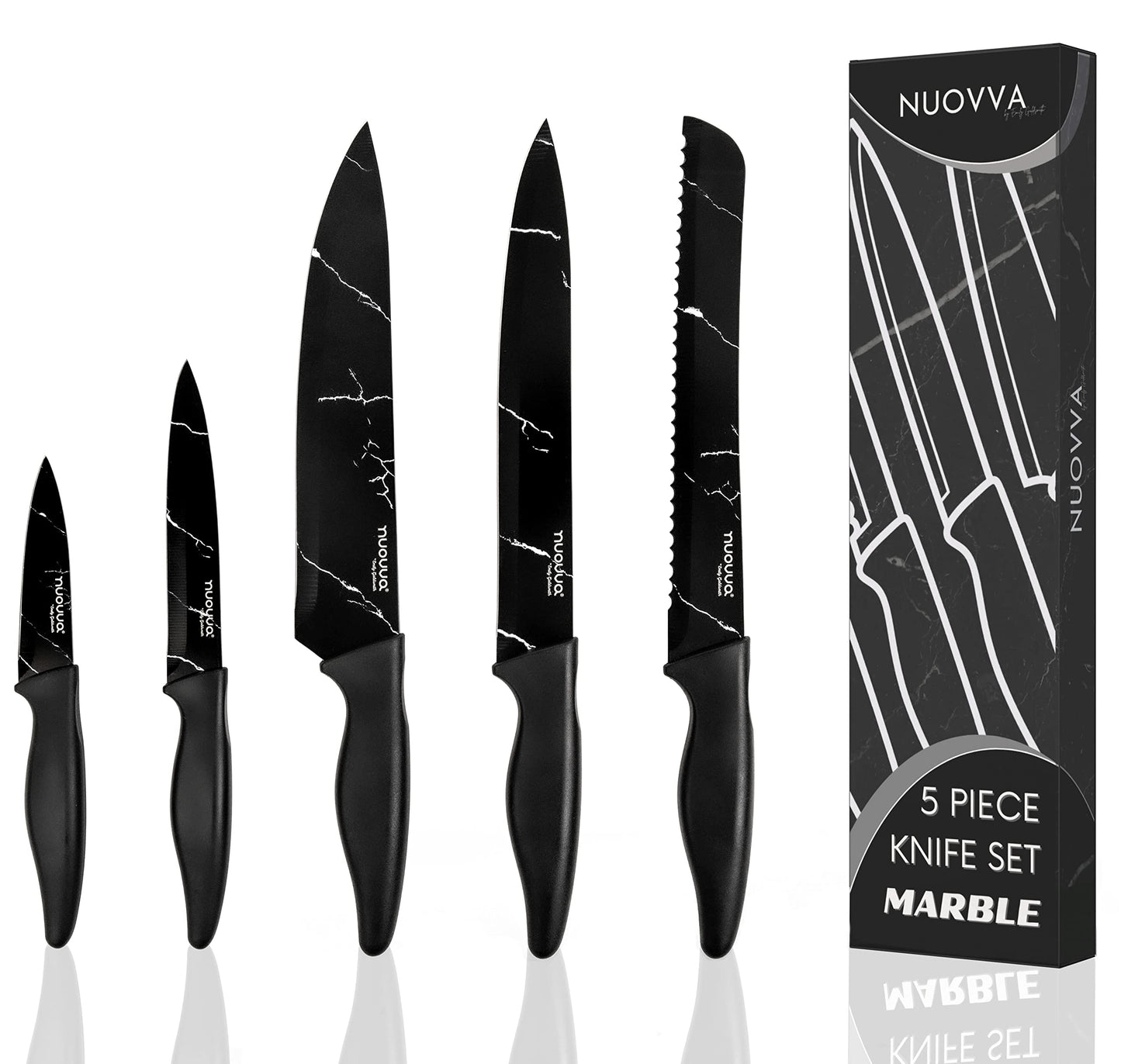 nuovva 5pcs Kitchen Knife Set ? Ultra Sharp Kitchen Knives ? Premium Stainless Steel Blades ? Chef, Bread, Santoku, Paring and Utility Knives