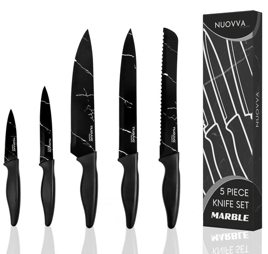 nuovva 5pcs Kitchen Knife Set ? Ultra Sharp Kitchen Knives ? Premium Stainless Steel Blades ? Chef, Bread, Santoku, Paring and Utility Knives