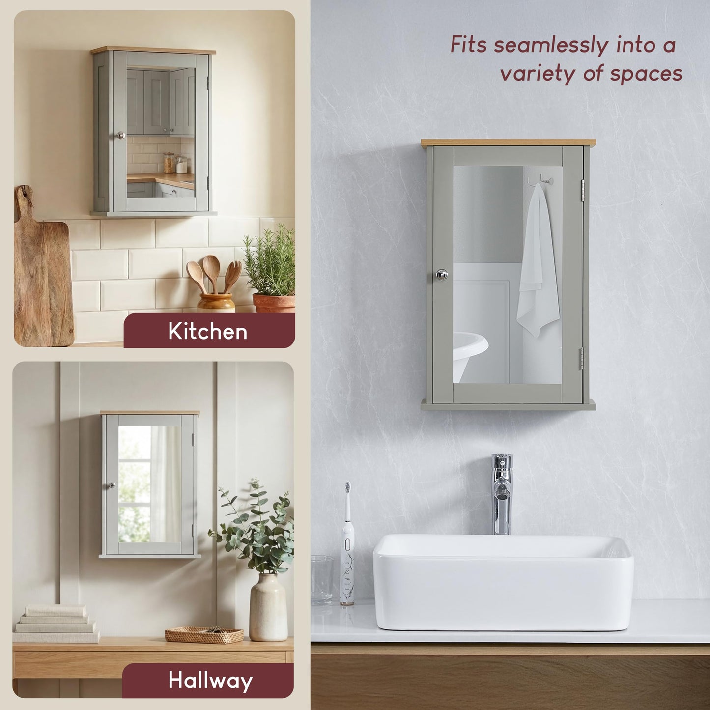 Bath Vida Priano Bathroom Cabinet Single Mirrored Door Wall Mounted, Grey & Oak