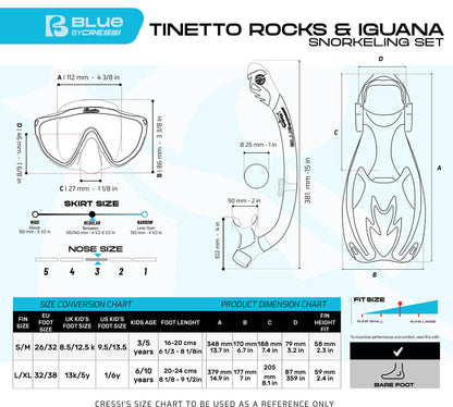 CRESSI Tinetto Rocks Dry Set Blue Navy/Ice Cyan L/XL - Kids Snorkeling Set Short Adjustable Fins, Silicone Mask, and Dry Snorkel, Blue Navy/Ice Cyan,