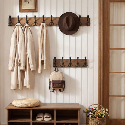 WEBI Coat Rack Wall Mount,98cm Long,10 Hooks,Wood Coat Hooks Wall Mounted Coat Hanger Wall,Hook Rack Rail,Triple Hooks for Hanging