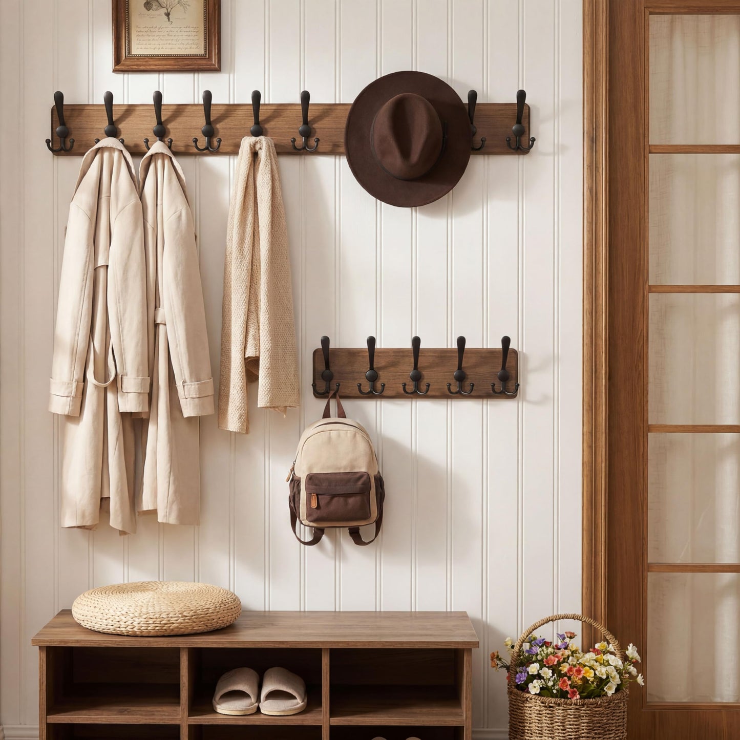 WEBI Coat Rack Wall Mount,Wood Coat Hooks Wall Mounted,16" Hole to Hole,Coat Hanger Wall,Hook Rack Rail,5 Triple Hooks for Hanging