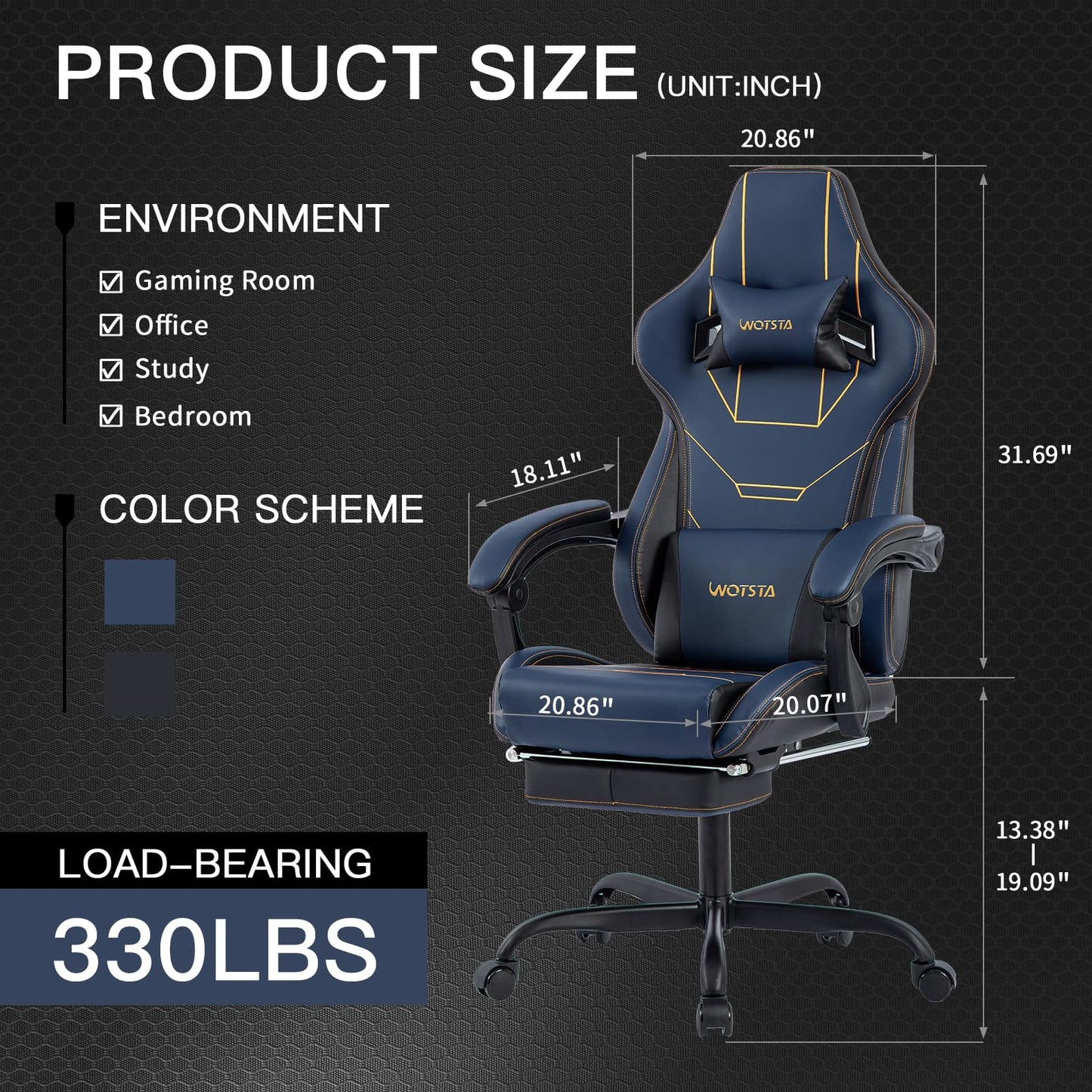 WOTSTA Gaming Chair, Ergonomic Gaming Chair, Computer Chair with Headrest and Lumbar, Racing Computer Chairs, Height Adjustable Rotating PC Chairs