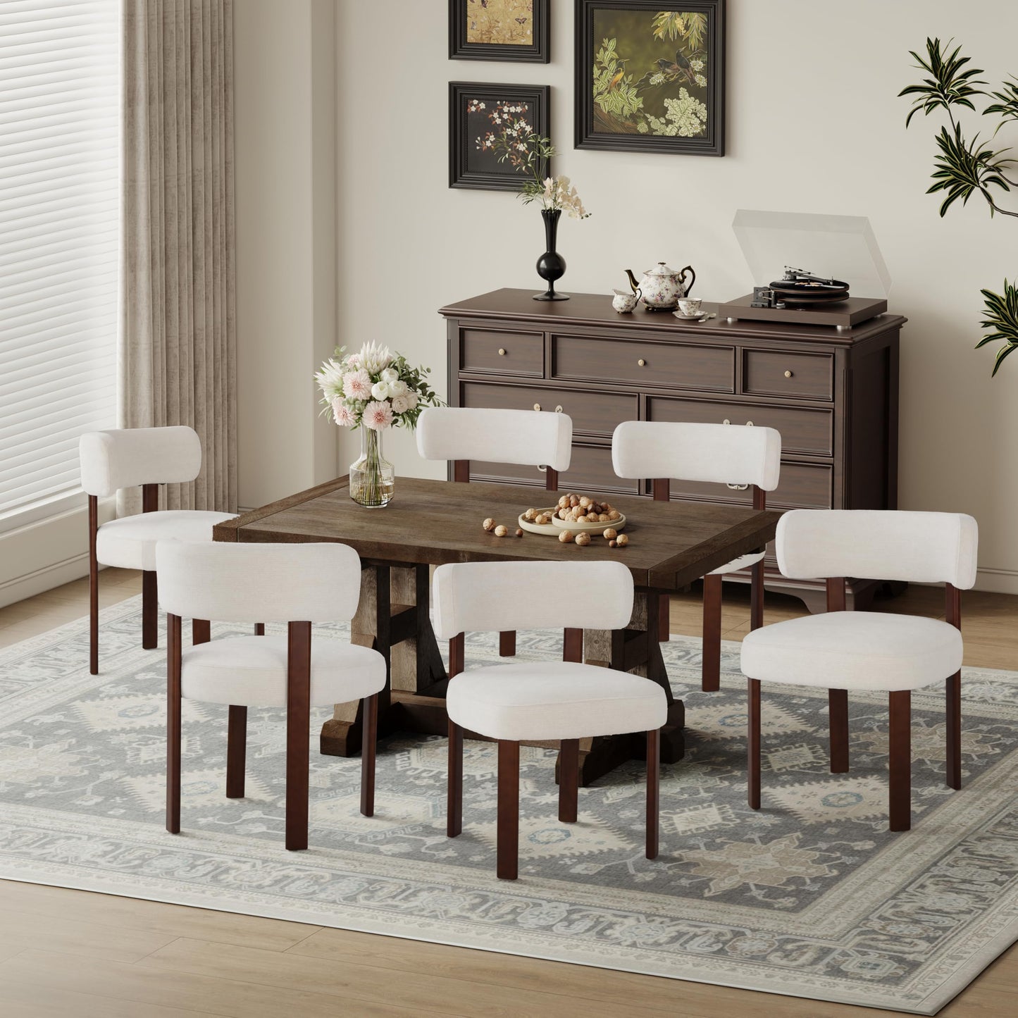 COLAMY Wooden Dining Chairs Set of 6, Fabric Chairs for Dining Room with Open Curved Backrest and Thick Seat Cushion