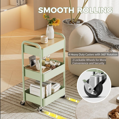 Shrivee 3 Tier Rolling Cart with Table top, Metal Rolling Utility Cart on Wheels, Sturdy Storage Organizer Cart with Hooks for Office, Classroom