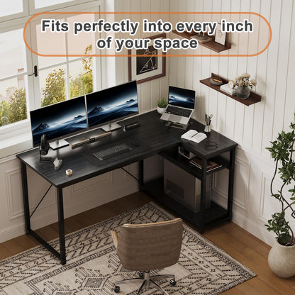JUMMICO Small L Shaped Desk 100x80cm with Storage, Corner Computer Desk with Reversible Shelf, Sturdy Office Desk & Workstations for Home Office
