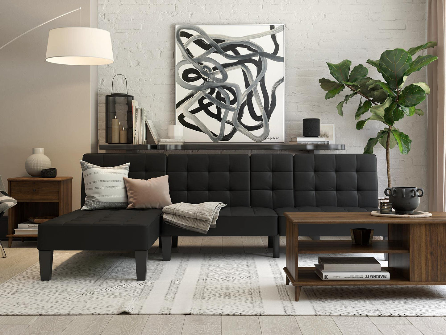 DHP Furniture Adalynn Chaise Lounger Black Faux Leather, 163x73x80cm (DxWxH)