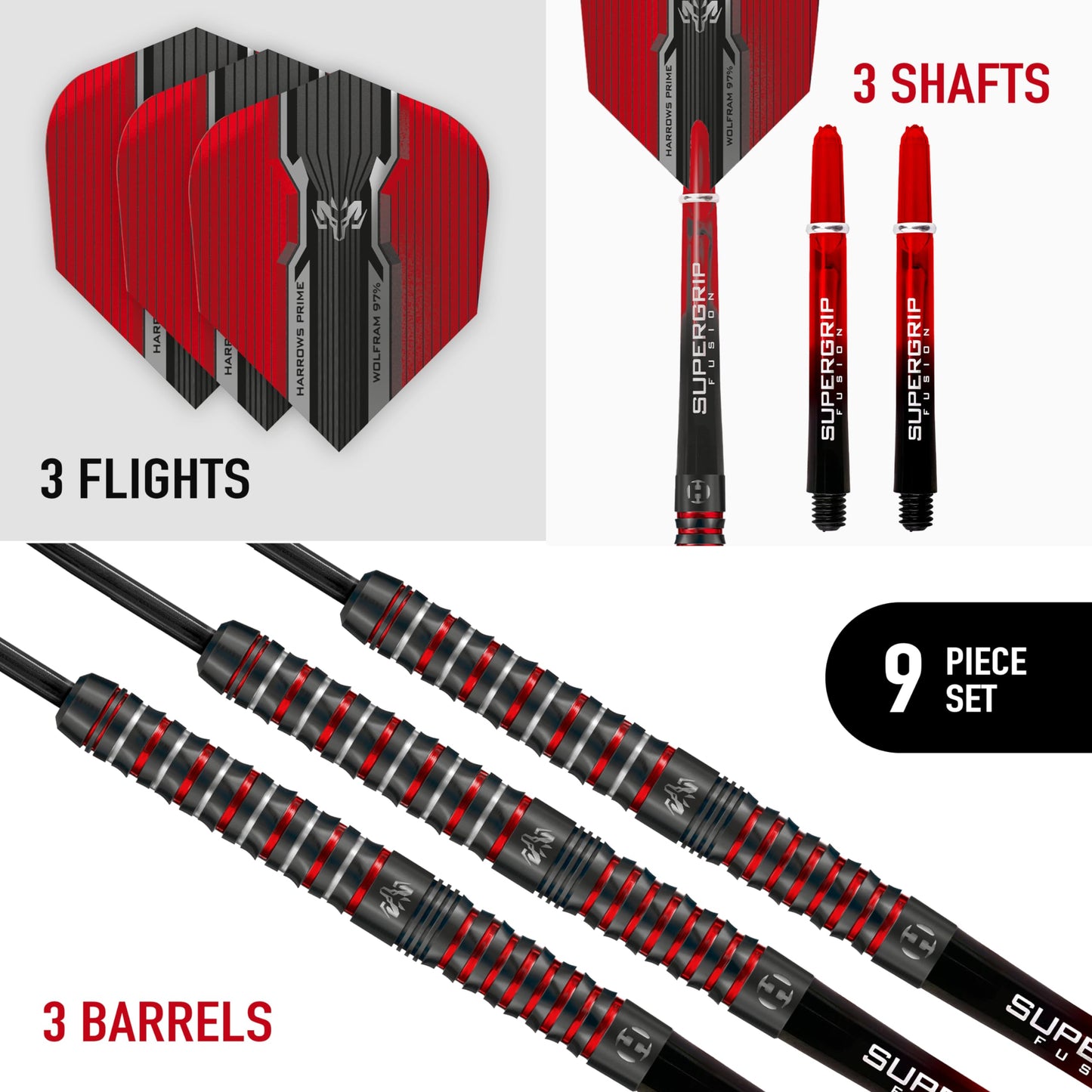 Harrows Wolfram Infinity Steel Tip Tungsten Darts Set 21g, 22g, 23g & 24g - Includes Supergrip Fusion Shafts & Prime Wolfram Infinity Flights (21g)