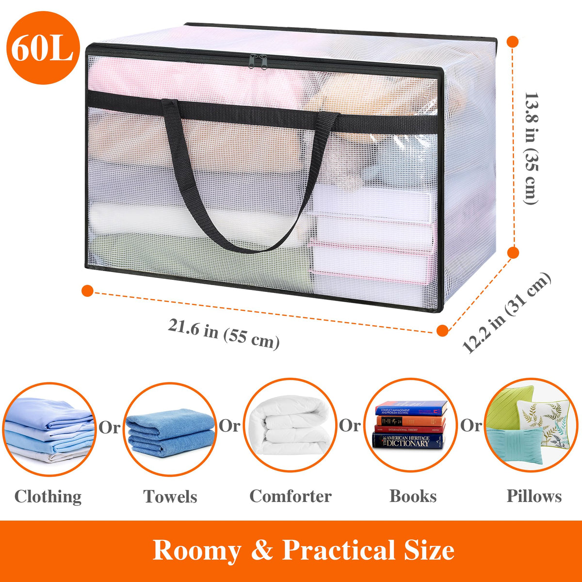 Vieshful 3 Pack 60L Clear Clothes Storage Bag with Handles