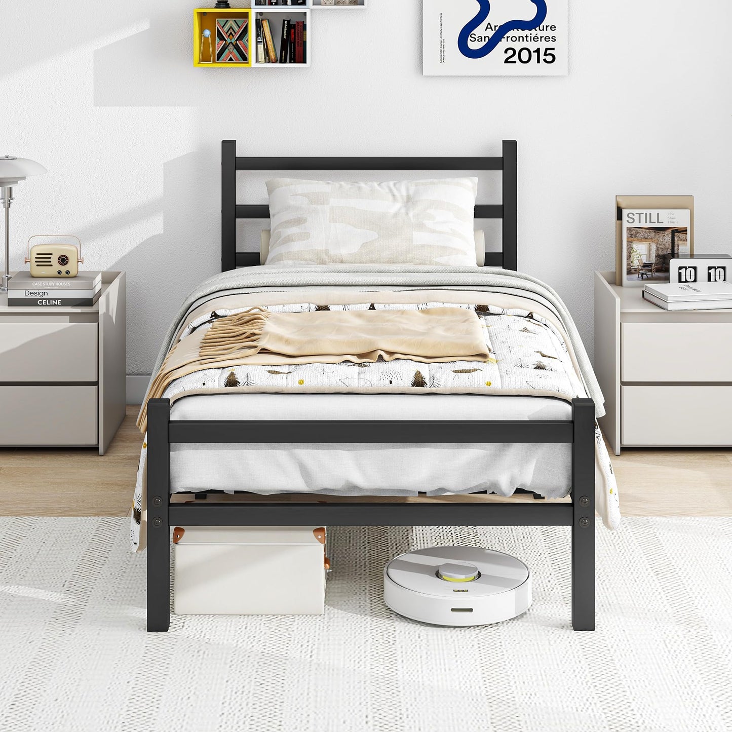 BORPHOM 3ft Single Bed Frame with Headboard,Heavy Duty Metal Platform Bed Frame No Box Spring Needed,Mattress Foundation,Solid Slatted Bedstead