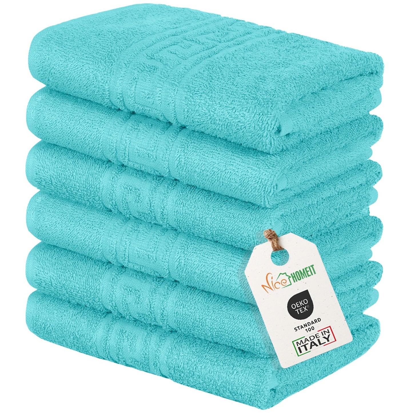 nice homeit Set of 6 Face and Hand Towels 40 x 60 cm – Bath Towels in 100% Ring-Spun Cotton – Extra Soft and Absorbent, Made in Italy (Aqua Blue)
