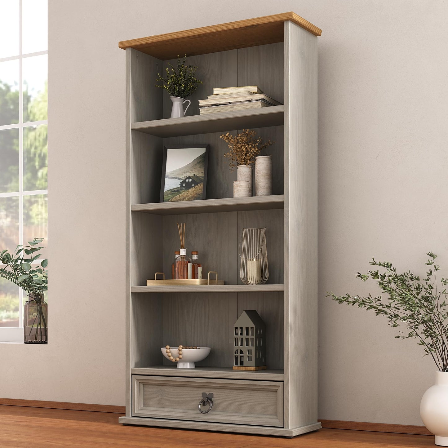 Mews Corona DVD Bookcase Rack Grey 1 Drawer CD Storage Unit Mexican Solid Pine