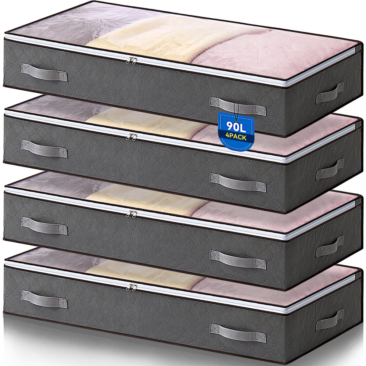 Boic 4 Pack Under Bed Storage Boxes With Lids, 90L Underbed Storage Organiser For Clothes, Comforters, Blankets & Bedding
