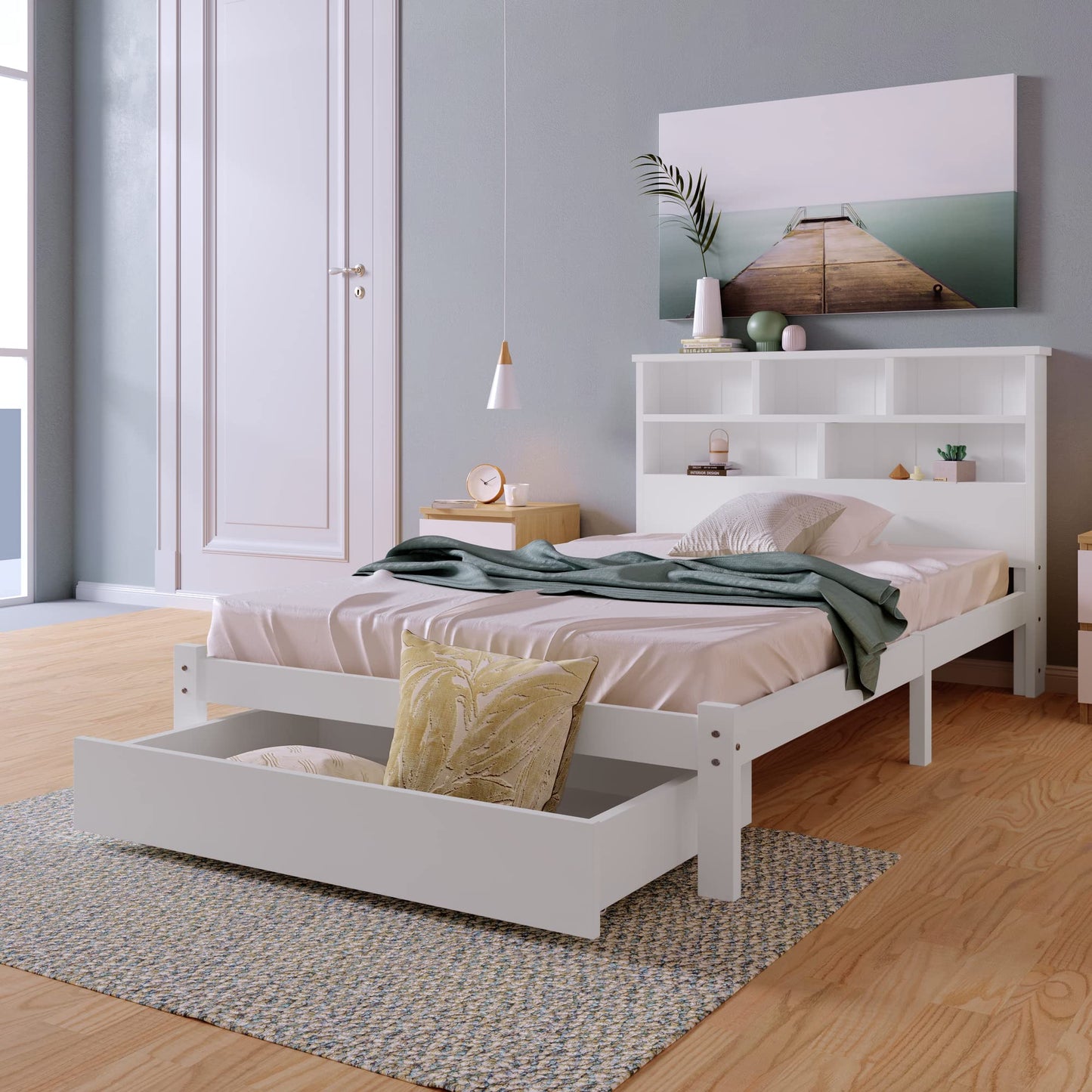 BTM Wooden Bed Frame with Shelves,Wooden Storage Bed, Shelf Headboard, Single Bed for Adult,Kids, Teenagers - 3FT (90 x 190 cm), White