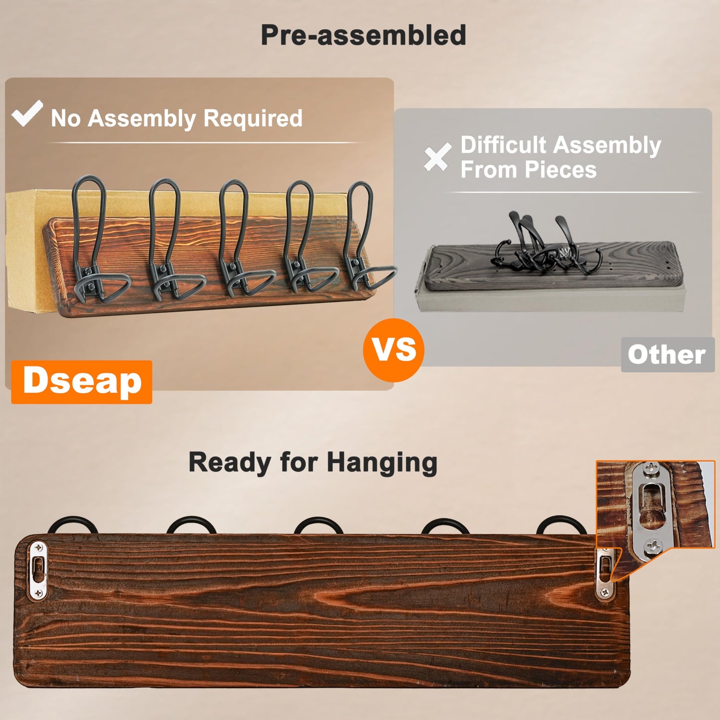 Dseap Coat Rack Wall Mounted - Heavy Duty Farmhouse Rustic Wall Coat Hanger With 5 Wire Hooks for Clothes Hat Jacket Towel, RusticWire, G25A, Black