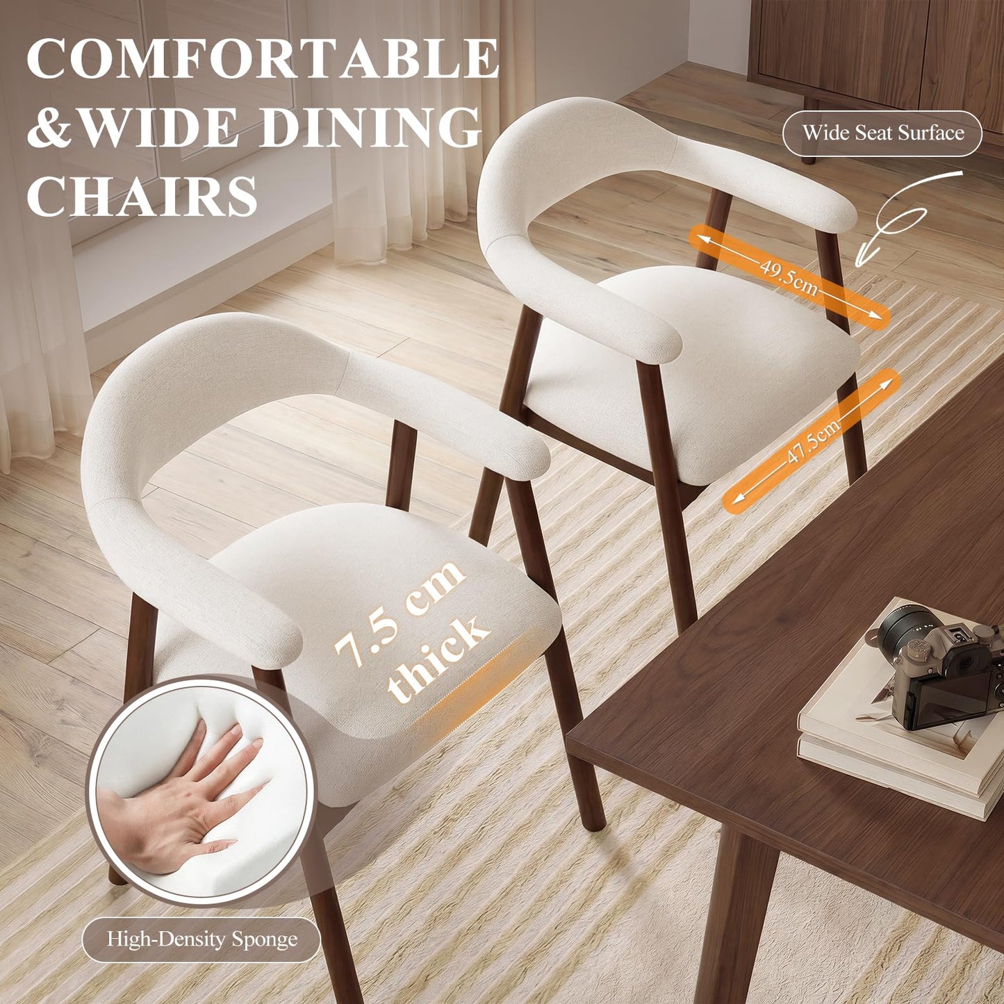 MALOL Wooden Dining Chairs Set of 4, Fabric Chairs for Dining Room with Armrest, Upholstered Kitchen Chairs with Curved Back and Wood Legs for Dining