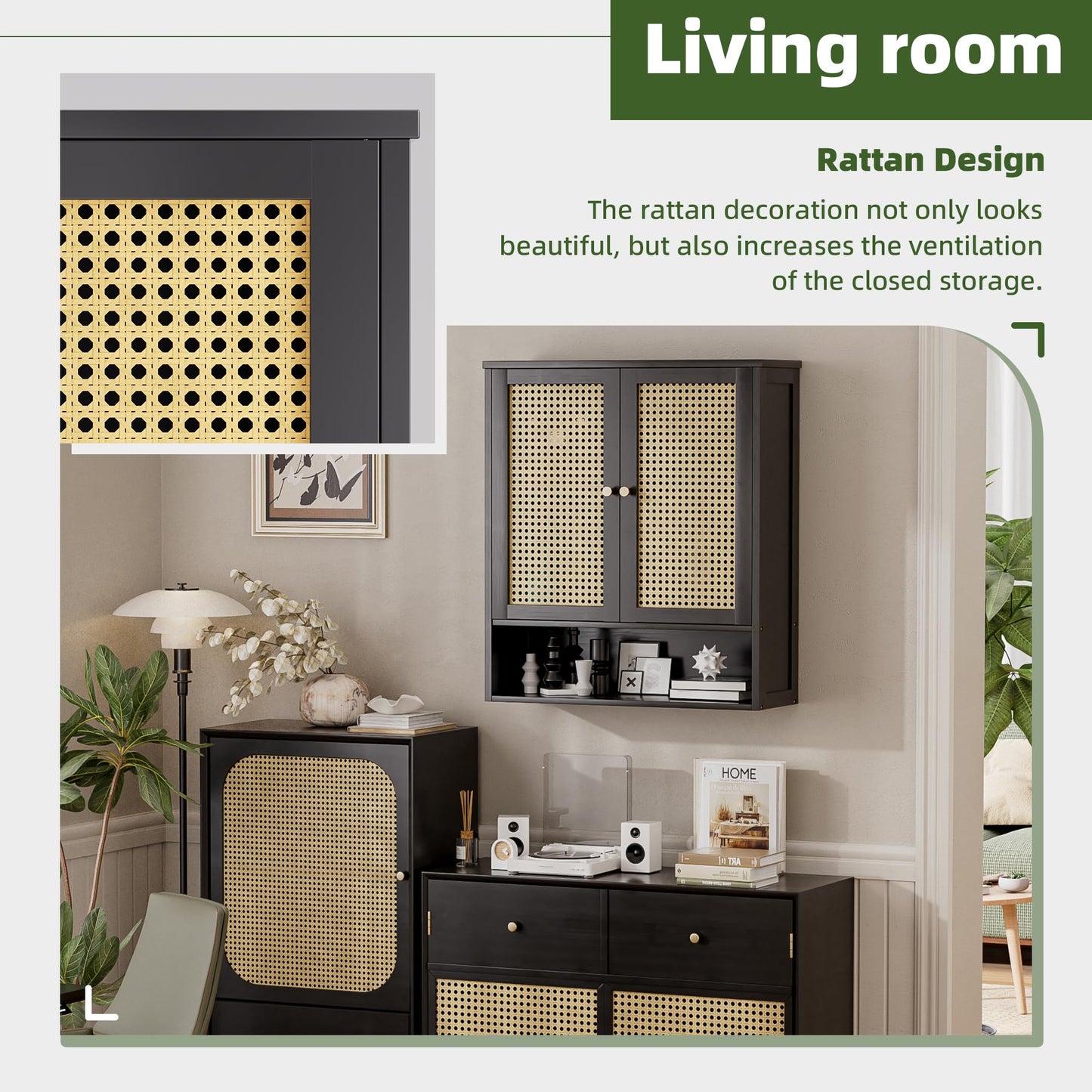 vovala Bathroom Wall Cabinet, Bamboo Over-The-Toilet Storage Organizer with 2 Rattan Doors and Adjustable Shelf