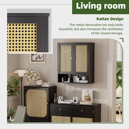 vovala Bathroom Wall Cabinet, Bamboo Over-The-Toilet Storage Organizer with 2 Rattan Doors and Adjustable Shelf