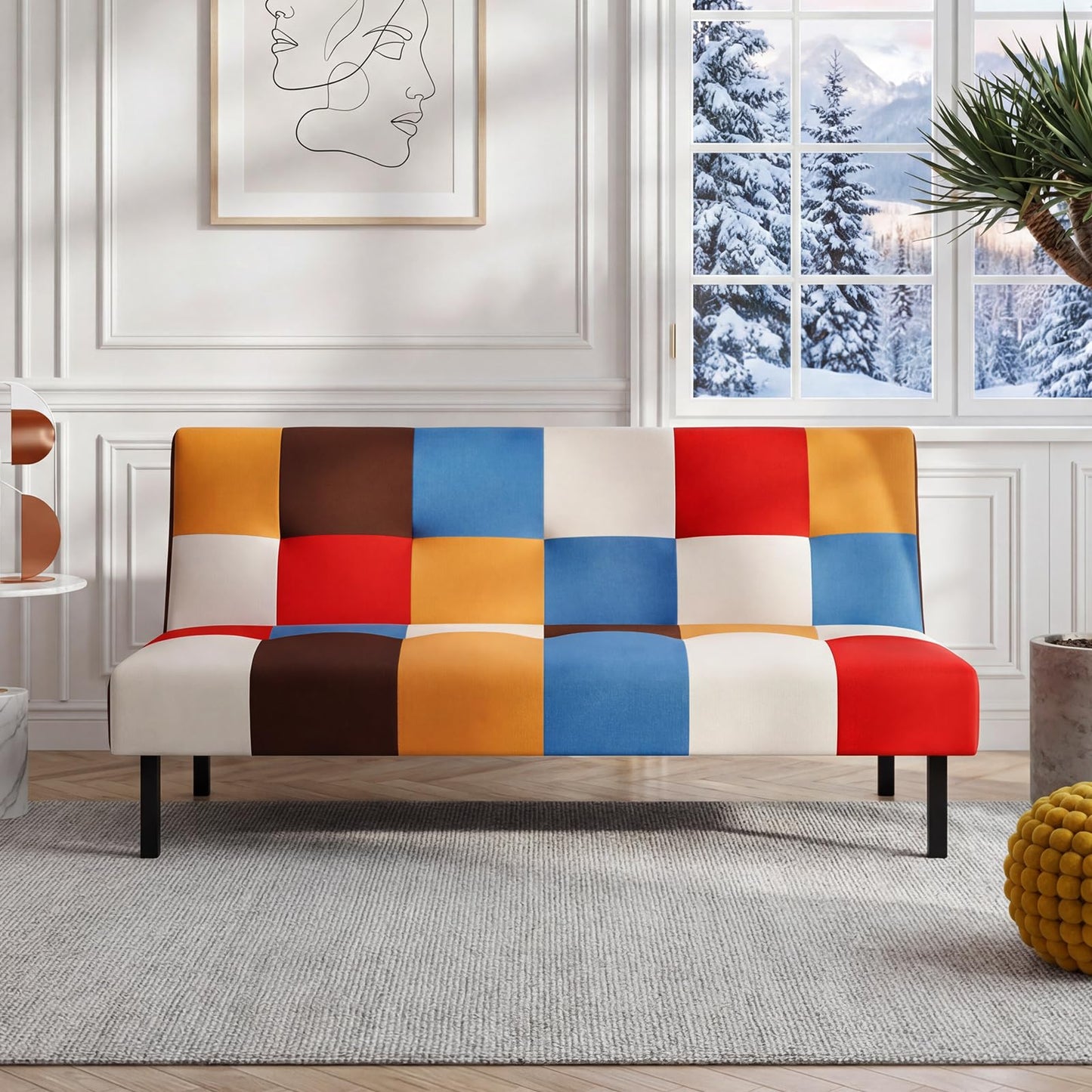 Panana Sofa Bed Click Clack Modern Sleeper Sofa Settee Rainbow Patchwork for Living Room/Guest Room