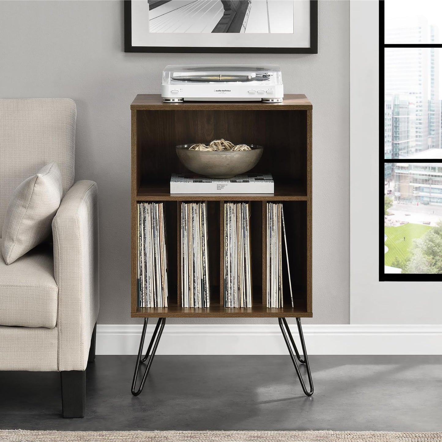 Ameriwood Harmony Turntable Stand with Hairpin Legs, Walnut Look, 86.61 cm (H) x 52.58 cm (W) x 45.72 cm (D)