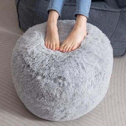 HIGOGOGO Faux Fur Beanbags Round Footstool Bean Bag Pouf with Foam Chunk Filling, 50 x 35 cm Floor Poufs Foot Rest for Living Room, Grey