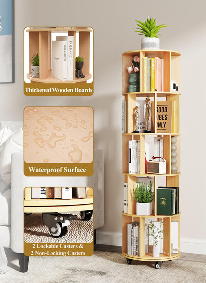 yeshine Rotating Bookshelf, 5-Tier Wood Color Spinning Bookcase