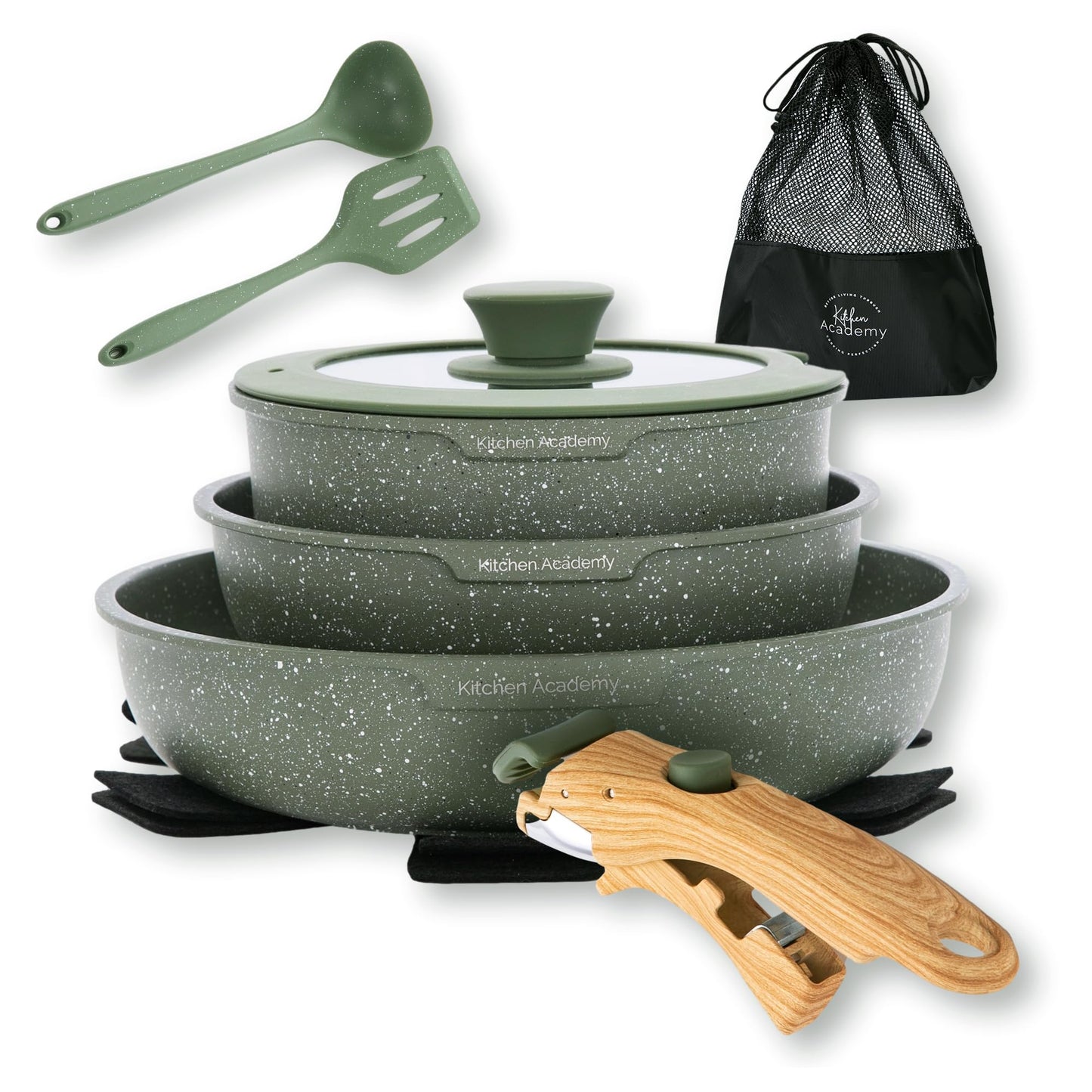 Kitchen Academy Removable Handle Pots and Pans Set - 10 Pieces Green Cookware Set with Removable Handle, RV Induction Cookware Set for Camp
