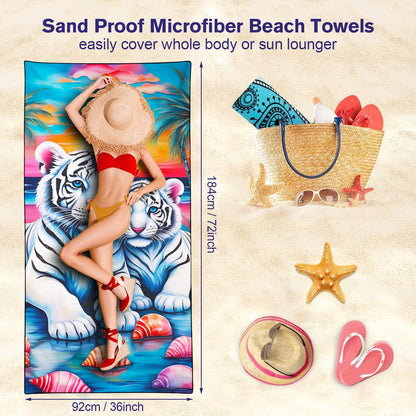 Violetpos White Tiger & Shells Beach Towel, Extra Large 180x90 cm 250GSM Microfibre, Sand Free Quick Dry