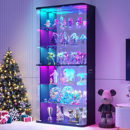 FREDEES Display Cabinet with Glass Doors and RGB Light, 6-Tier, Black