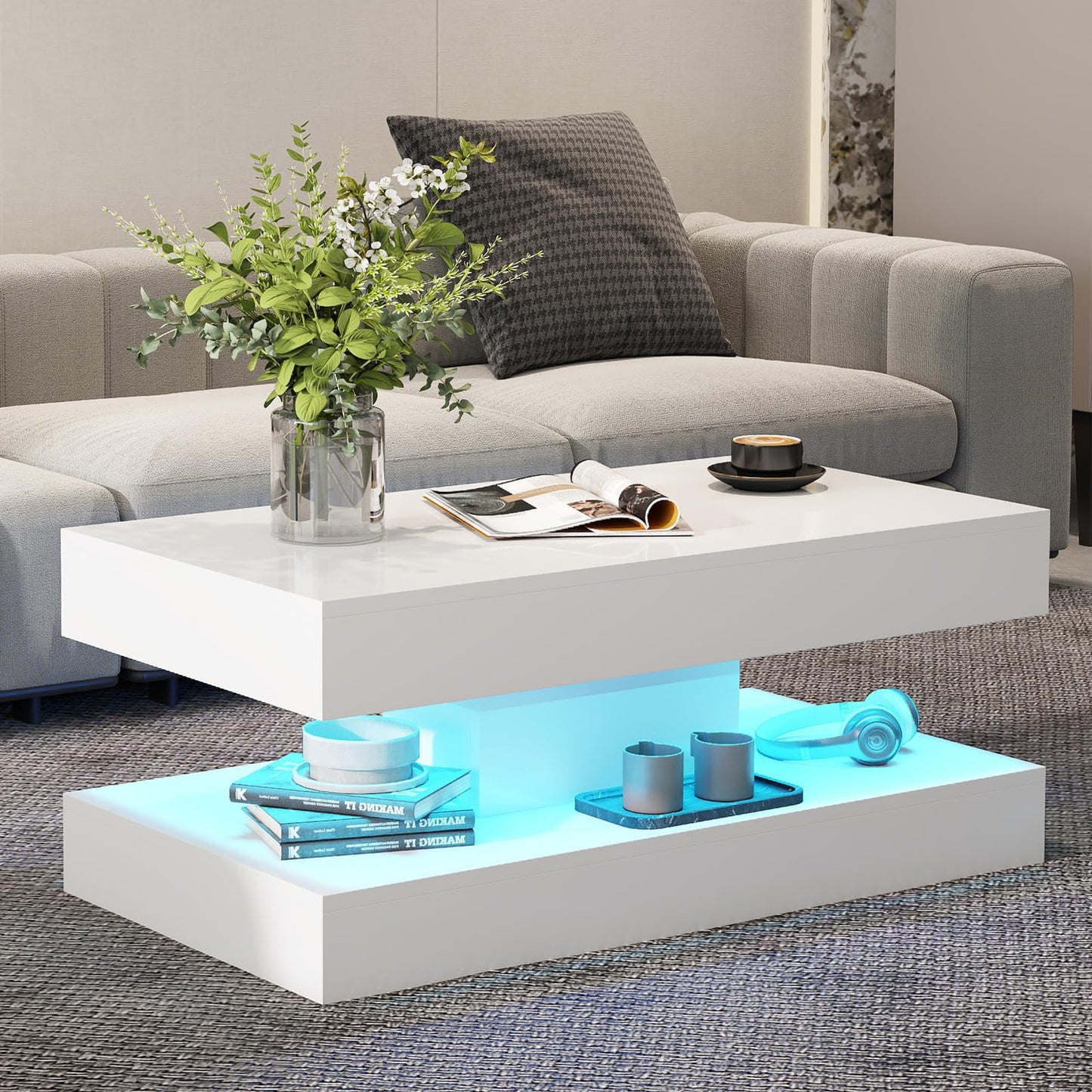 COSVALVE White Coffee Table Living Room Tables with LED Light, 2 Tier Centre Table High Gloss Modern Rectangle Tea Table for Home, Office